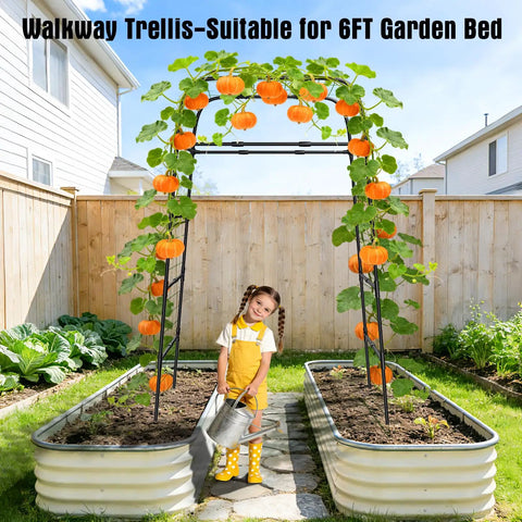 Child standing under metal garden arch trellis with climbing plants, trellis suitable for 6ft garden bed