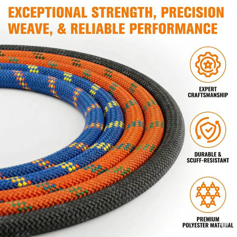 Close-up of blue and orange rigging ropes showing durability and craftsmanship. Double Braided Arborist Rigging Rope 1/2 Inch by 100 Feet Heavy Duty 48 Strand Polyester Static Rope for Tree Work Pulling Towing and Swing Blue Ideal for Professional Tree Work and Rugged Outdoor Rigging