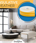 High Density Foam Weather Stripping And Self Adhesive Door Seal Roll Tough As Nails Draft Blocking Insulation Tape For Windows Doors And AC Durable Beefy Gasket Strip Keeps Chills Out Easy Peel Stick White One Inch Wide displayed in a modern living room setting.