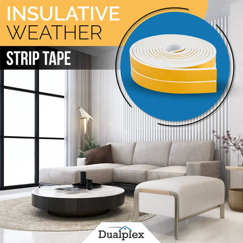 High Density Foam Weather Stripping And Self Adhesive Door Seal Roll Tough As Nails Draft Blocking Insulation Tape For Windows Doors And AC Durable Beefy Gasket Strip Keeps Chills Out Easy Peel Stick White One Inch Wide displayed in a modern living room setting.