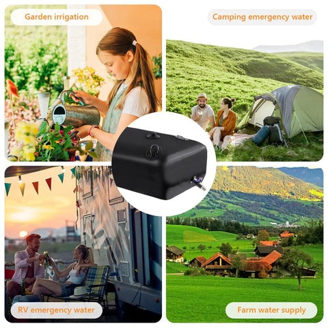 Multiscene use of 65 Gallon Foldable Water Storage Bladder For Camping Gear And Emergency Prep With Three Quarter Inch Spigot And Overflow Kit