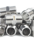 One Hundred Pack Stainless Steel 316 Hex Nipple Pipe Fittings 3/4 Inch Male NPT Thread stacked for plumbing uses.
