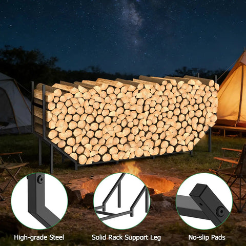 Heavy Duty Firewood Rack Outdoor With 880Lb Capacity 6 Ft Elevated Wood Storage On Weather Resistant Metal Frame 12 Support Legs Sturdy Indoor Or Outdoor Firewood Holder For Patio Porch Fireplace Backyard displaying stacked logs by night campfire scene