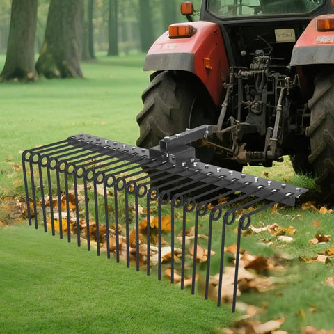 Heavy Duty Tow Behind Landscape Rake And Lawn Dethatcher With 21 Steel Tines And 60 Inch Wide Coverage attached to tractor