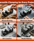 Kickass Smart Fractal Mini Bench Vise With Self Adjusting Dual Jaw Precision Clamp For Drill Press Circuit Boards Pipes And Odd Parts in use for wood working and electronic repair.