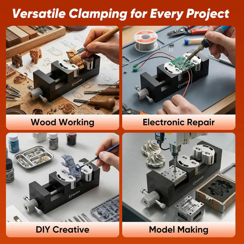 Kickass Smart Fractal Mini Bench Vise With Self Adjusting Dual Jaw Precision Clamp For Drill Press Circuit Boards Pipes And Odd Parts in use for wood working and electronic repair.