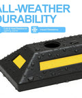 Close-up of 2 Pack Rubber Parking Blocks With Reflective Stripes Heavy Duty Garage Wheel Stoppers showing wet surface and reflective strip.