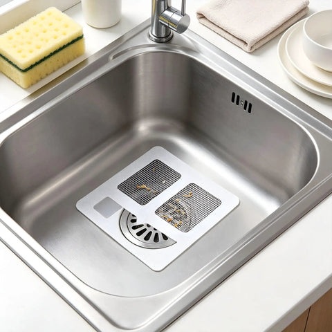 Hair Drain Stickers 100 Pcs Disposable Peel Stick applied in a stainless steel sink, catching hair and debris.