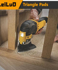 Person sanding wooden surface with Beast Pro Grade Oscillating Tool Sanding Pad Kit With 2 93mm Triangle Pads, close-up view.