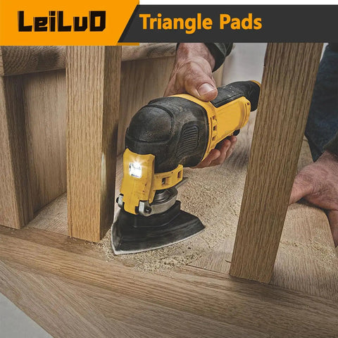 Person sanding wooden surface with Beast Pro Grade Oscillating Tool Sanding Pad Kit With 2 93mm Triangle Pads, close-up view.