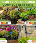 Flexible Drip Irrigation Kit For Gardens 50 Foot Run With 16 Adjustable Nozzles installed showing four emitter types for raised beds