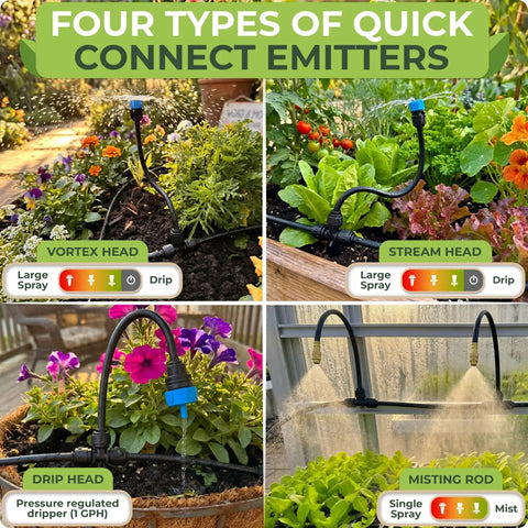 Flexible Drip Irrigation Kit For Gardens 50 Foot Run With 16 Adjustable Nozzles installed showing four emitter types for raised beds