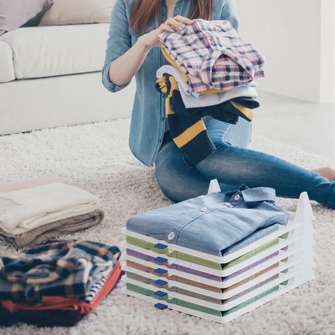 20 Pack Tshirt Organizer Stackable Closet Shelf Storage For Folded Clothes on a rug with shirts neatly organized.
