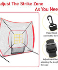 7 By 7 Foot Baseball And Softball Practice Net With Stable Bow Frame And Heavy Duty Mesh Strike Zone Target Ultra Portable Pitching Net For All Ages And Skill Levels, includes fixed hook and adjustment buckle details