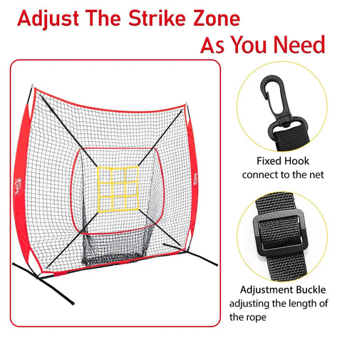 7 By 7 Foot Baseball And Softball Practice Net With Stable Bow Frame And Heavy Duty Mesh Strike Zone Target Ultra Portable Pitching Net For All Ages And Skill Levels, includes fixed hook and adjustment buckle details