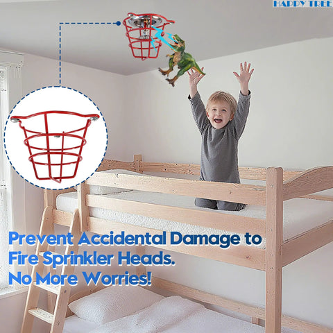 Red Fire Sprinkler Head Guard Cover Cage 10 Pack 1/2 3/4 Inch shown above a child's bunk bed for protection against damage.