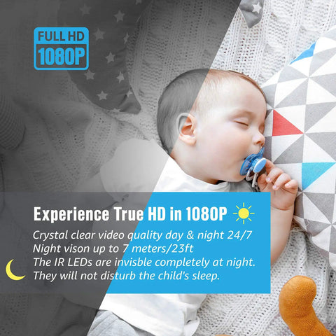 Baby sleeping with 1080P Wireless Indoor Security Camera With Pan Tilt Zoom For Home Nanny Cam Use; night vision demo.