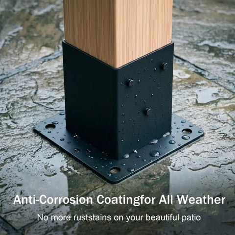 Heavy Duty 4 Pack Wood Post Brackets With Inner Size 3.58 By 3.58 Inches Powder Coated Matte Black Post Base Anchors in rain