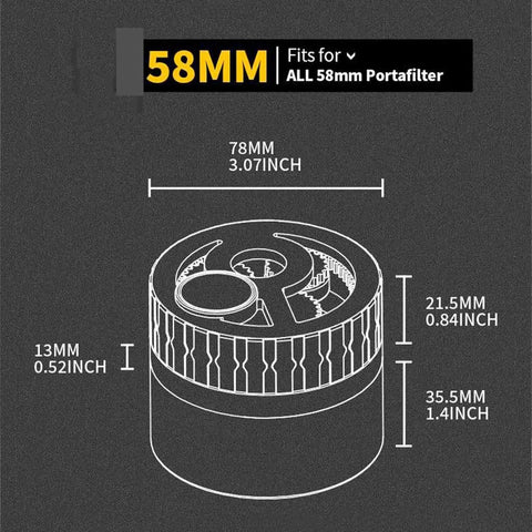 Top Tier 58 MM Espresso Distribution Tool With Ten Stainless Steel Coffee Distributor Needles For Bottomless Portafilters Smooths Coffee Beds For Flawless Daily Pulls dimensions shown.
