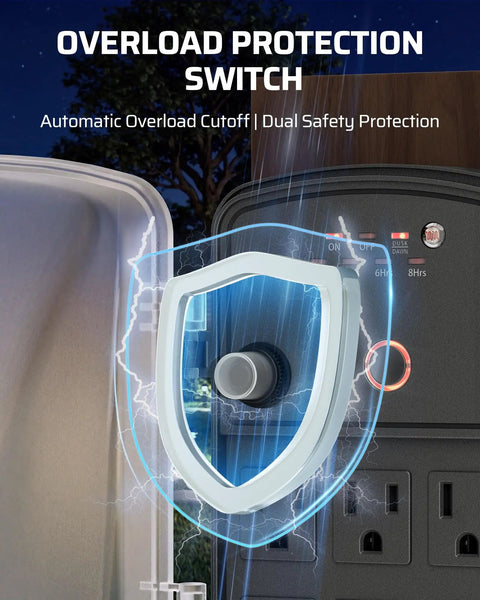 Top Notch Outdoor Power Stake Timer With Waterproof Shell And Automatic Dusk To Dawn Scheduling Delivers Six Grounded Outlets For Zero Sweat Landscape Lighting And Yard Gear Setup Daily showing overload protection switch.
