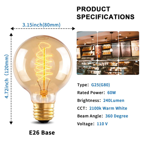 Vintage Edison Style G25 Globe Bulb 60W Amber Glass Dimmable Round Bulbs 2100K Warm White E26 Base Old School Mood Lighting