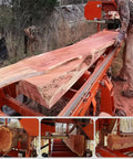 Pro Level Portable Sawmill Machine For Rugged Log Processing And Lumber Milling Equipment in use, cutting fresh wood slabs.