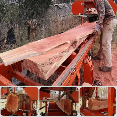 Pro Level Portable Sawmill Machine For Rugged Log Processing And Lumber Milling Equipment in use, cutting fresh wood slabs.