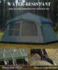 Family Cabin Tent For 6-8 With Porch And 2 Rooms, Waterproof Glamping Tent in rainy forest, features 2000mm fabric, 3 doors.