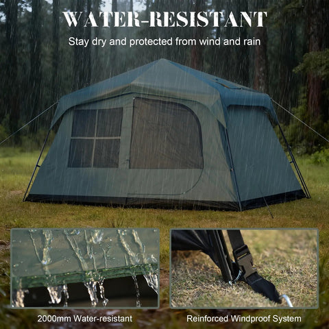 Family Cabin Tent For 6-8 With Porch And 2 Rooms, Waterproof Glamping Tent in rainy forest, features 2000mm fabric, 3 doors.