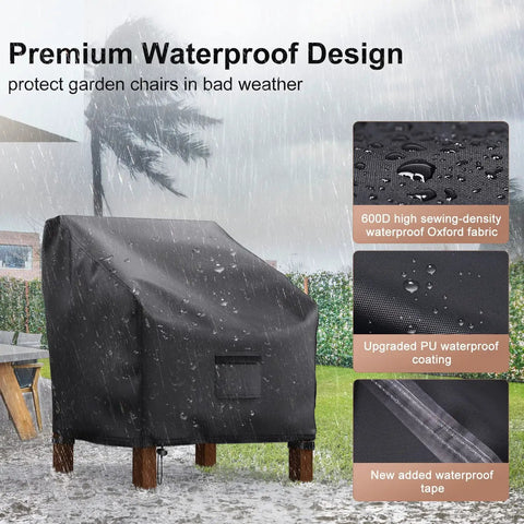 Waterproof Patio Chair Covers 29W x 30D x 36H 2 Pack Heavy Duty Outdoor Lounge Chair Covers Protect Patio Furniture displayed in rain.