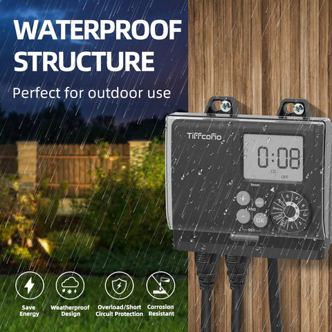 Hassle Free Digital Outdoor Timer Rock Solid Weatherproof Build Features Slick Dial Programming Plus Dual Grounded Outlets, mounted in rain, showing settings.