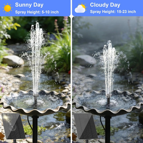 Solar Water Fountain Kit For Bird Bath With Separated Solar Panel 5 Nozzles 9.54ft Cable Pump 2.5W 5V in sunny and cloudy conditions.