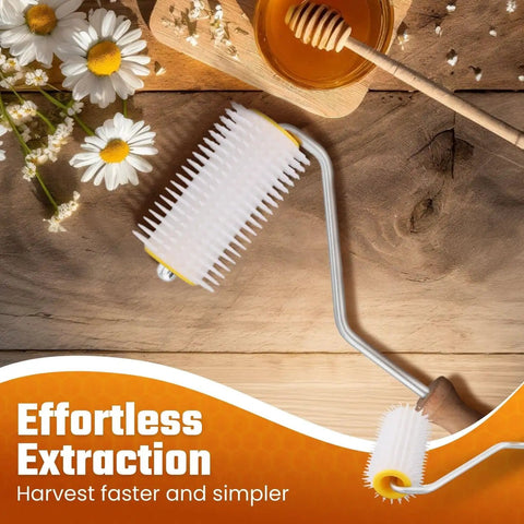 Beekeeping Uncapping Needle Roller For Honeycomb Extraction With 5 Inch Hardwood Handle on a wooden surface