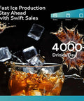 Heavy-Duty Industrial Ice Maker Machine With 450 Lbs Per 24 Hours Output And 250 Lbs Storage Bin ETL Certified Stainless Steel Clear Ice Maker For Bar Cafe Restaurant promoting fast ice production with a glass of iced drink.