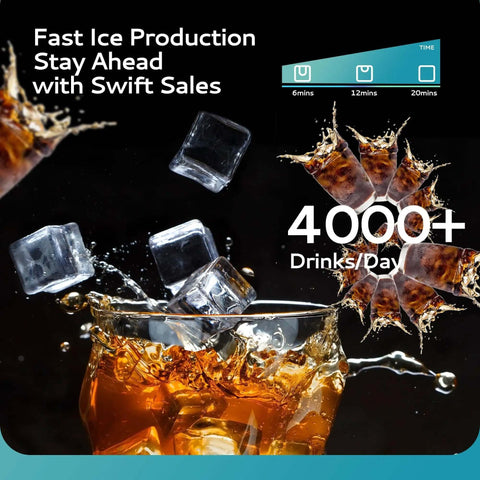 Heavy-Duty Industrial Ice Maker Machine With 450 Lbs Per 24 Hours Output And 250 Lbs Storage Bin ETL Certified Stainless Steel Clear Ice Maker For Bar Cafe Restaurant promoting fast ice production with a glass of iced drink.