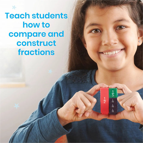 Child holding Rainbow Fraction Tower Cubes Set Of 51 Colorful Fraction Cubes For Fraction Equivalency, Montessori Math Blocks.