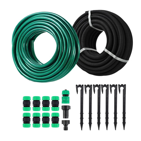 Customizable Soaker Hose System With 50 Ft 1/2 Inch Soaker Hose And 25 Ft PVC Garden Hose, Drip Irrigation Kit components