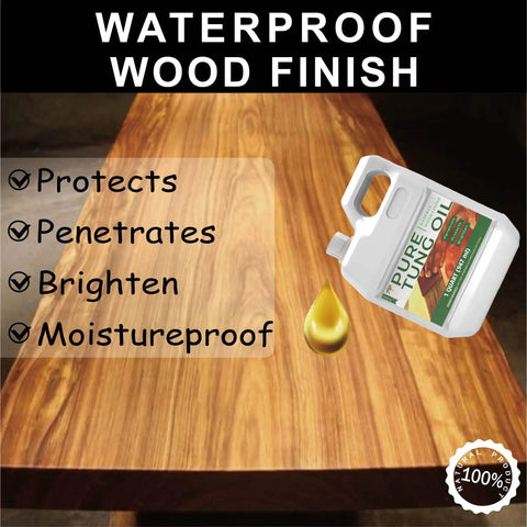 32 oz bottle of All Natural Pure Tung Oil For Wood Finish And Waterproofing Sealant on wooden surface
