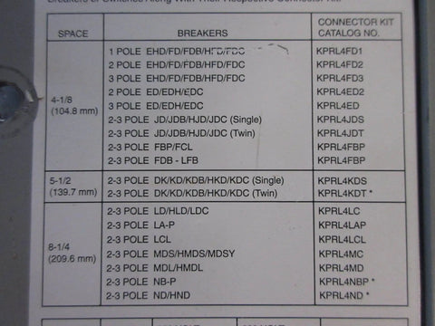 Circuit breaker table for PRL4 Panelboard Connector Kit For Single Mounted Breakers KD KDB HKD KDC New Surplus