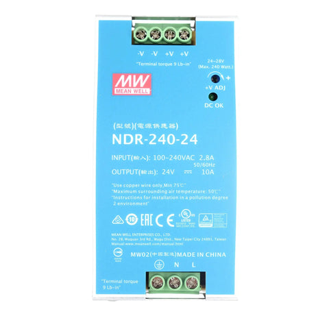 Front view of an Industrial DIN Rail Power Supply 24V DC 10A 240W With Wide Input 90 To 264 VAC And 124 To 370 VDC