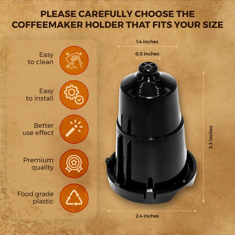 Replacement Keurig Pod Holder With Exit Needle For K Elite, shown with dimensions and features like easy install, premium quality.