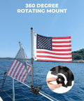Built Tough Aluminum American Flag Pole Kit With 360 Degree Swivel Mount showing USA flag on pontoon, with rotating mount and bracket.