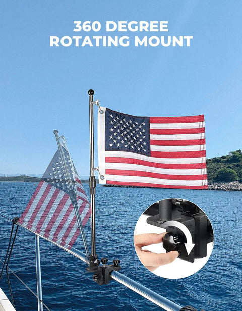 Built Tough Aluminum American Flag Pole Kit With 360 Degree Swivel Mount showing USA flag on pontoon, with rotating mount and bracket.