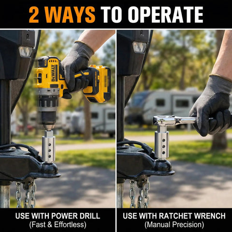 Heavy Duty Trailer Jack Drill Adapter Kit Compatible With 1 Inch Drive Shafts, shows operation methods with a drill and ratchet.