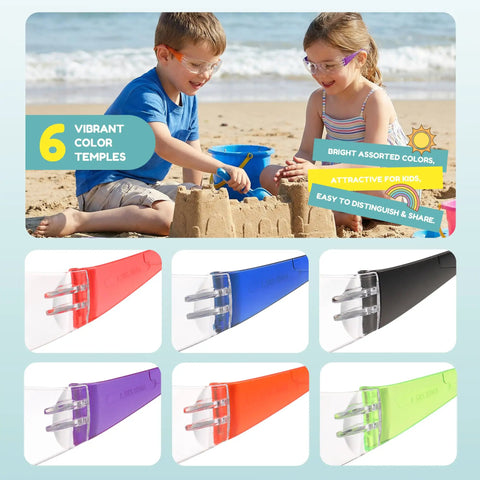 Bulk Pack Kid Safe Safety Glasses 24 Pack, ANSI Z87.1 Certified Clear Lenses with vibrant multicolor frames shown in sand play setting.