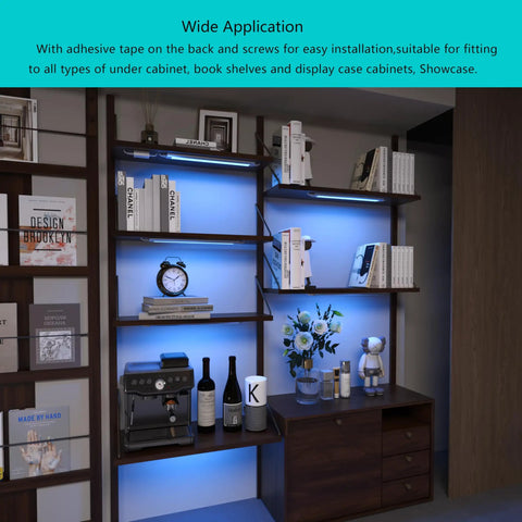 Under Cabinet LED Strip Lights Dope RGB Color Changing With Dimmable White in bookcase, voice controlled by Alexa/Google