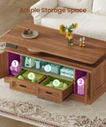 Chic 47 Inch Farmhouse Electric Lift Top Coffee Table With Storage Drawers Shelves Height Adjustable Standing Desk For Living Room Brown showing ample storage compartments.