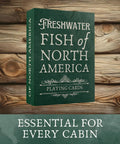 Box of Waterproof Plastic Freshwater Fish Playing Cards With 52 Species on a wooden background, ideal for anglers and family use.