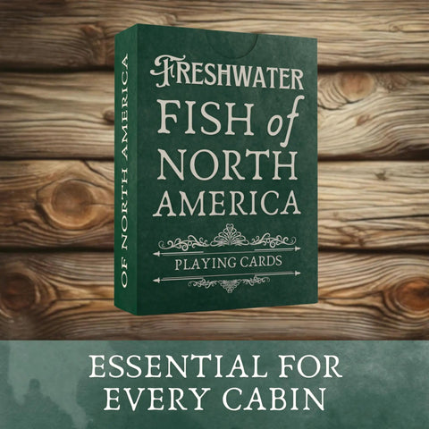 Box of Waterproof Plastic Freshwater Fish Playing Cards With 52 Species on a wooden background, ideal for anglers and family use.
