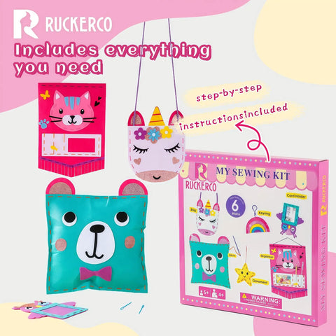 Kids Sewing Kit For Beginners With 6 Easy Felt Projects Learn To Sew Craft Kit showing box and completed felt projects.
